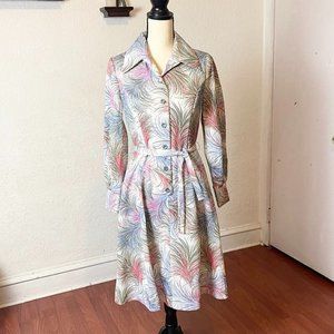 Vintage 1960s Channel 1 Bill Sims Women's 10 Polyester Fan Leaves Belted Dress